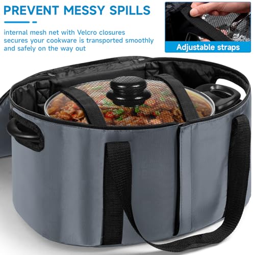 LASUK Portable Slow Cooker Travel Bag, Isulated Carrier Case Tote for 4-8 Quart Crock Carrier Compatible with Else Brands, Internal Mesh Net Holds Pot in Place, For Travel, Outdoor, Picnic, Grey