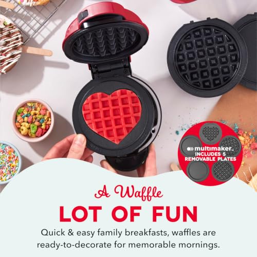 Dash MultiMaker® Mini System - Compact Waffle Maker for Family Breakfasts - Removable Griddle Plates & nonstick surface - 5 Plates - Red