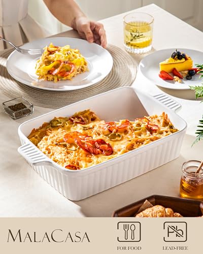 MALACASA 4.4 QT Baking Dish, 9x13 Large Casserole Dish for Oven, Ceramic Baking Pan, Rectangular Lasagna Pan Deep with Handles for Baking, Durable Microwave Oven Safe, Wedding Gift,White, Series BAKE-BAKE