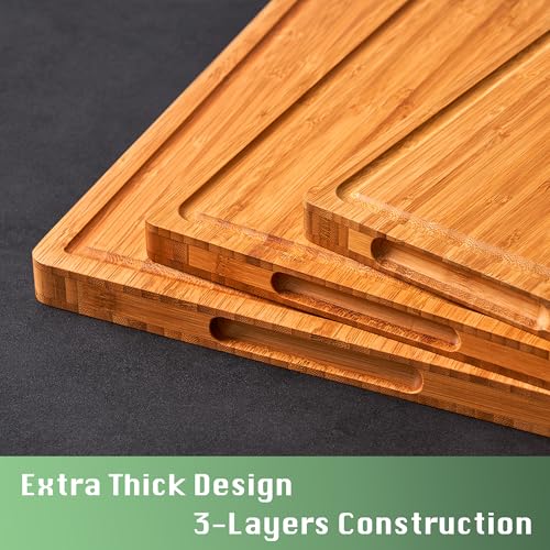 Allsum Bamboo Wood Cutting Board for Kitchen, 1" Thick Butcher Block, Cheese Charcuterie Board, with Side Handles and Juice Grooves, 16x11"