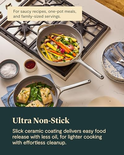 Caraway Nonstick Ceramic Sauté Pan with Lid (4.5 qt, 12") - Non Toxic, PTFE & PFOA Free - Oven Safe & Compatible with All Stovetops (Gas, Electric & Induction) - Cream