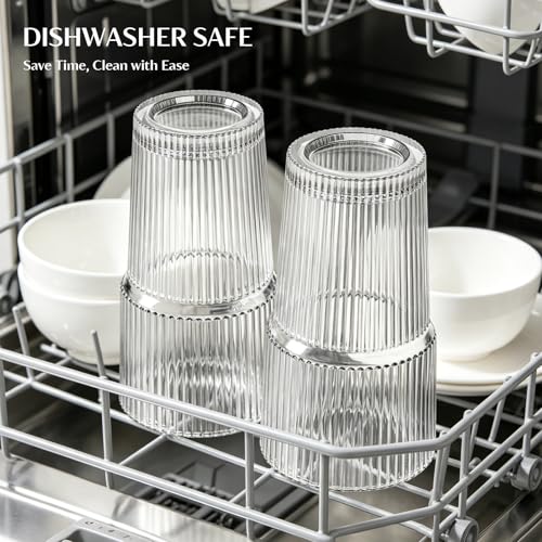 INSETLAN 20 oz Ribbed Glass Tumblers with Lids and Glass Straws – 4-Piece Glassware Set, Thickened Wall, Ideal for Iced Coffee, Smoothies, Cocktails, and Juices – Elegant and Durable Drinkware