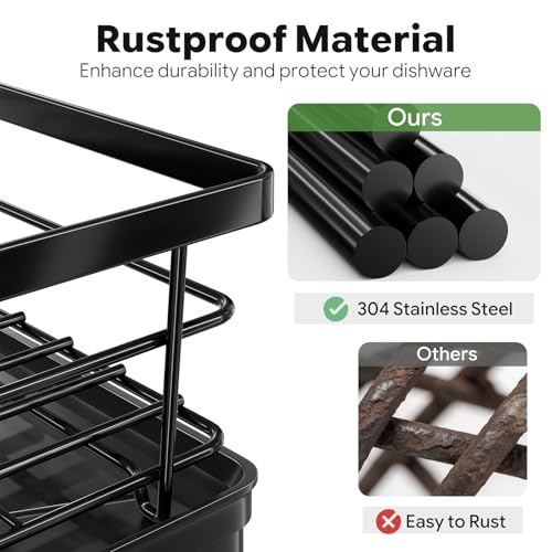 Simple Trending Dish Drying Rack, Space-Saving Dish Rack for Kitchen Counter, Stainless Steel Dish Drainer with Cutlery Holder and Drainboard, 12''W x 17''L, Black