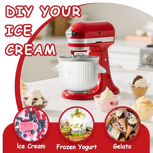 Ezato Ice Cream Maker Attachment for KitchenAid, Fits KitchenAid 4.5/5QT & 6QT Mixers, Frozen Ice Cream & Sorbet Gelato Maker, 2 Quart, White