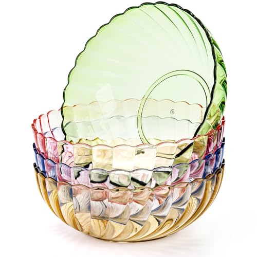 Fasmov 4 Pack Plastic Serving Bowls, Plastic Salad Mixing Bowls, 74oz Break Resistant Plastic Bowls for Salad, Fruit, Popcorn, Chip and Dip, Multicolor