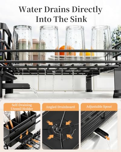 SAYZH Expandable Dish Drying Rack for Kitchen Counter, Metal, Black
