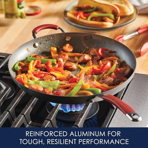 Rachael Ray Cucina Hard-Anodized Nonstick Frying Pan, Gray with Cranberry Red Handles, 14 Inch Pan