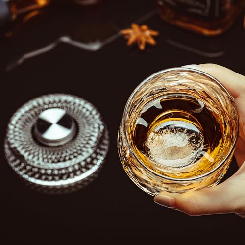 NORIMODA Spinning Whiskey Glasses Set of 4 With Iceball Molds, 9.5oz Lead-free Rotating Old Fashioned Rocks Glasses for Bourbon, Scotch, Liquor and Cocktails, Gifts for Whiskey-lovers