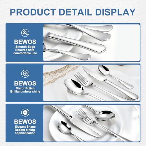 BEWOS Silverware Set for 4-20 Piece Stainless Steel Flatware Set with Spoons, Forks, Knives, Heavy Duty Mirror Polished Flatware for Home, Kitchen, Restaurant, Dishwasher Safe