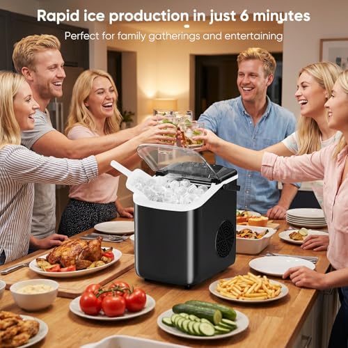 DUMOS Ice Maker Countertop, Ice Machine with Portable Handle, Basket and Scoop, 26lbs Daily, 9 Bullet Cubes in 6-8 Mins, Auto-Cleaning for Home, Kitchen, Office, Outdoors, RV Camping
