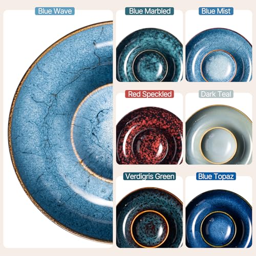 ArtifexCeram Ceramic Chips and Dip Serving Tray - Large Divided Party Bowl Set for Salsa, Veggies, Fruit & Snacks - Modern Minimalist Appetizer Platter with Unique Kiln-Change Glaze (Red Speckled)