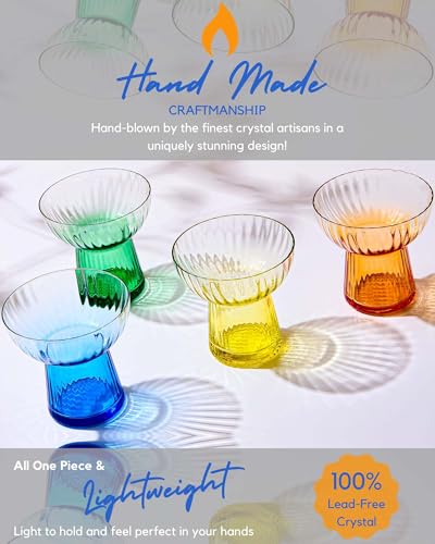 ColoVie Stemless Margarita Glasses Set of 4-13oz Ribbed Colored Glassware - Premium Hand-Blown Lead-Free Crystal - Aesthetic Rippled Cocktail Cups for Party, Cinco de Mayo, Home Bar - Gift Box