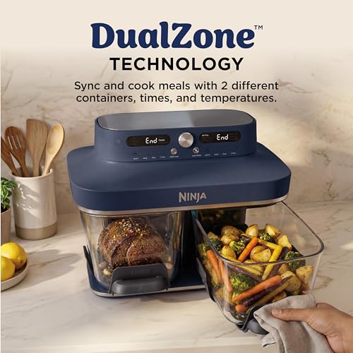 Ninja Crispi DualZone 6-in-1 Glass Air Fryer | With Nontoxic, 2x 4qt Containers & Lids | Microwave, Freezer, Dishwasher Safe | 450°F Max Temp | 1785 Watt | Cyberspace | DD101BL1