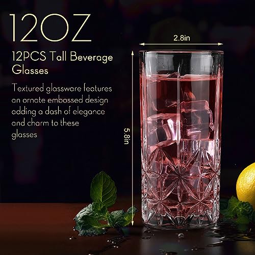 Uiifan Set of 12 Tall Highball Glasses 12 oz Crystal Drinking Glasses Clear Fancy Cups Vintage Textured Designer Glassware for Cocktail Tea Water Beer Soda Beverages, Dishwasher Safe(Stylish Style)