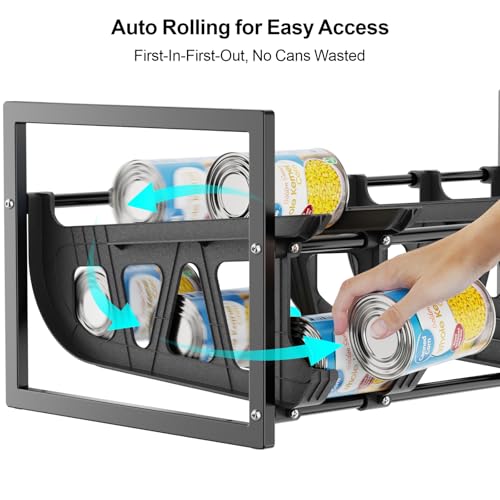 iSPECLE Expandable Can Organizer for Pantry, Large Capacity 60 Cans Can Storage Organizer Pantry Rack, Auto Rolling Dispenser & Stackable Metal Wire Holder for Deep Pantry Shelves, Black