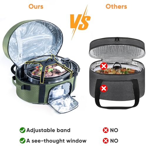 Insulated Slow Cooker Carrying Bag for 6-8 Quart CrockPot and Hamilton Beach Slow Cooker with See-thought Window, Portable Carrier Case with Adjustable Band and Accessory Pocket