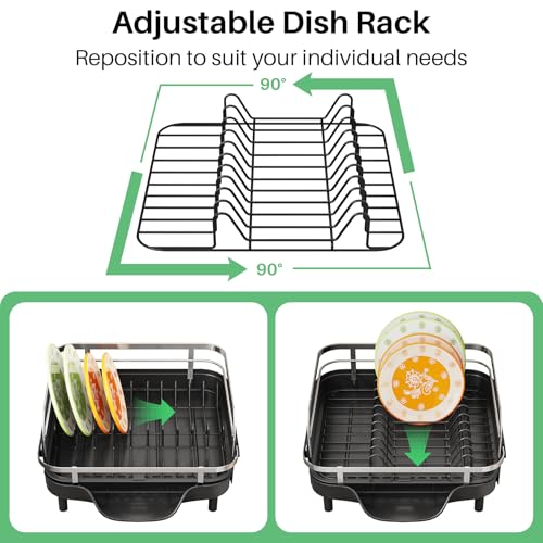 SAYZH Dish Drying Rack - Expandable Dish Rack for Kitchen Counter, Rust-Resistant Dish Drainer with Utensil Holder and Raised Guardrail, Kitchen Organizer for Cup and Bottle (Black)