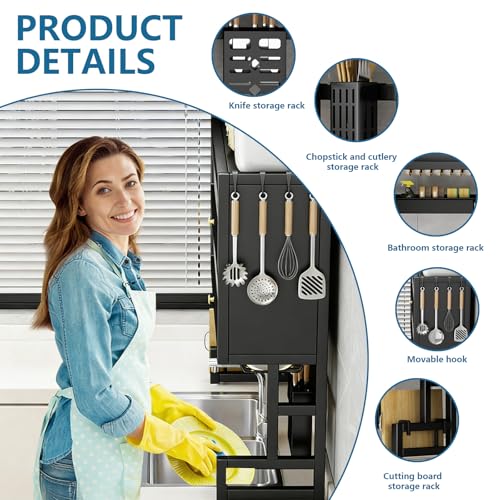 HQPMTGT Over The Sink Dish Drying Rack, Piano Lacquer, Thickened Steel Pipe, Over Sink Dish Drying Rack, Over Sink Rack, for Dishes, Glasses, Bowls, Cutlery Black 25.59in (Small)