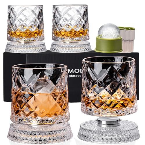 NORIMODA Spinning Whiskey Glasses Set of 4 With Iceball Molds, 9.5oz Lead-free Rotating Old Fashioned Rocks Glasses for Bourbon, Scotch, Liquor and Cocktails, Gifts for Whiskey-lovers