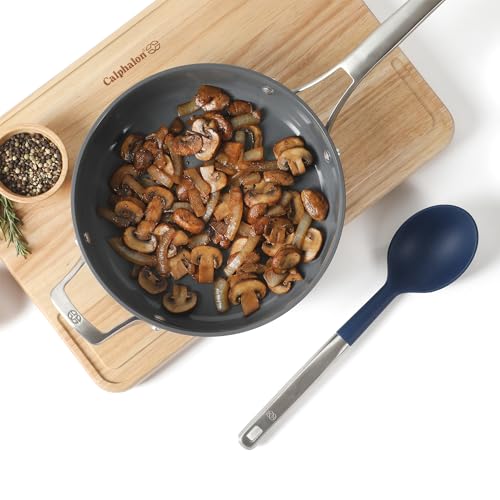 Calphalon Prime 7-Piece Silicone and Teak Wood Kitchen Tool Set, Stainless Steel Kitchen Utensil Set, Kitchen Spoon And Spatula Set, Heat Resistant Non-Slip Kitchen Gadgets Set - Navy Blue