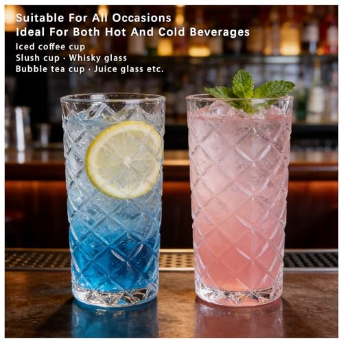 Vitrignis Crystal Highball Glasses Set Of 6-14 Ounce Diamond Cut Tom Collins Glasses - Textured Designer Glassware For Whiskey,Drinks, Water, Beer, Soda