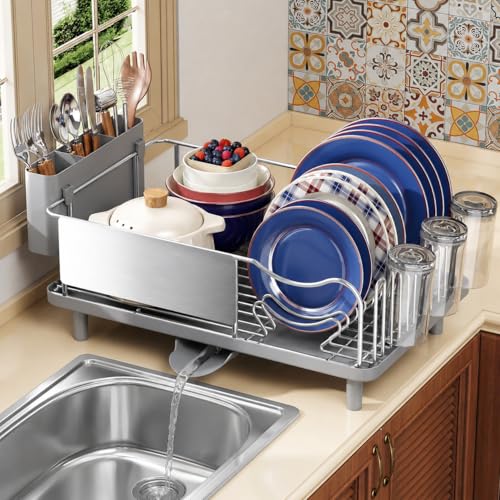 Stainless Steel Dish Drying Rack - Large Capacity Dish Rack for Kitchen Counter with Drain Board, Rustproof Dish Drainer with Auto Drain Spout Utensil Holder Glass Holder, Dinnerware Organizer, Gray