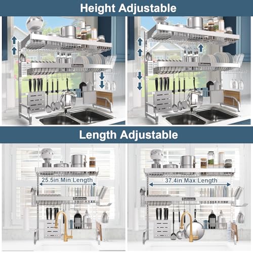 Babosas Over The Sink Dish Drying Rack,3 Tier Adjustable Length (25.5'' to 37.4'') Full Stainless Steel Large Storage Kitchen Dish Rack,For Kitchen Counter Expandable Multifunctional Organizers,Silver
