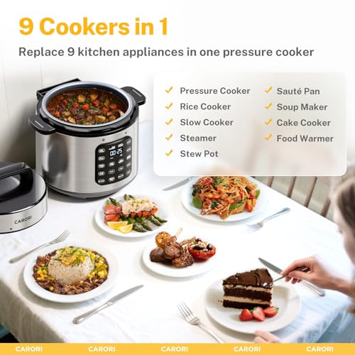 CARORI 9-in-1 Electric Pressure Cooker, 1200W Instant Multi-Cooker with IMD Touchscreen, Olla de Presion, Non-Stick Pot, Rice Cook, Slow Cook, Steamer, Sauté, Warmer, Safe Venting, Silver 8 Qt
