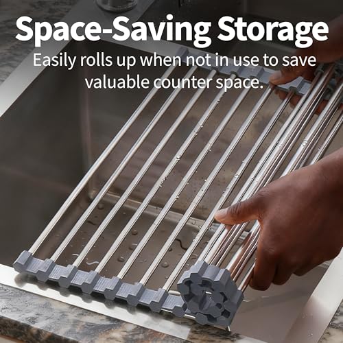 TYZUIAW Roll Up Dish Drying Rack for Over Sink -17.5"x11.8" Foldable Stainless Steel Kitchen Drainer，Gray
