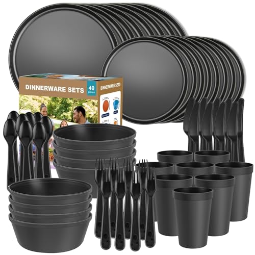 40 Piece Plastic Dinnerware Set for 8 with Cutlery, Unbreakable Plates and Bowls Set, Dishwasher & Microwave Safe Reusable Dish Set for Camping, RV, Outdoor Kitchen, Apartment Dining, Black