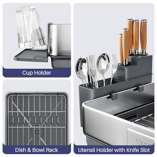 SNTD 304 Stainless Steel Dish Drying Rack for Small Kitchen Counter, Grey