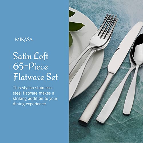 Mikasa Satin Loft 65-Piece Flatware Set, Service for 12, 18/10 Stainless Steel Silverware with Satin Finish, Includes Serving Utensils, Dishwasher Safe