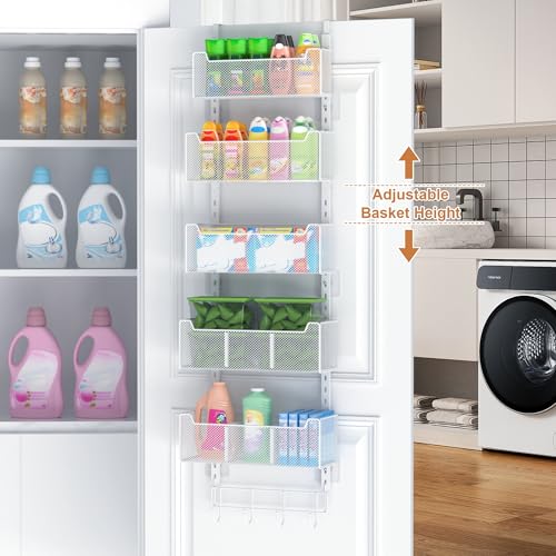 VyGrow Over The Door Organizer, Metal Door Organizer Hanging with 5 Adjustable Baskets and Coat Hook, Behind The Door Storage for Bedroom Closet Bathroom Pantry Cabinet Kitchen, White