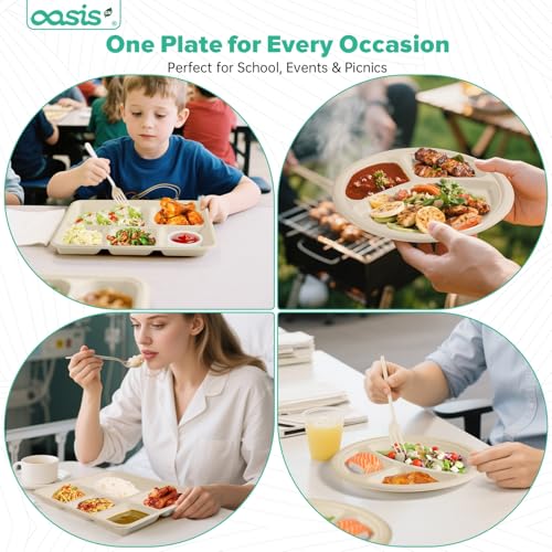 OasisSN 10x8 128-Pack 5-Compartment Divided Plates, Ideal for Light Meals, Kids Lunch, Meal Prep & Party, Heavy Duty Compostable Bagasse Plates, Microwave Safe, Natural