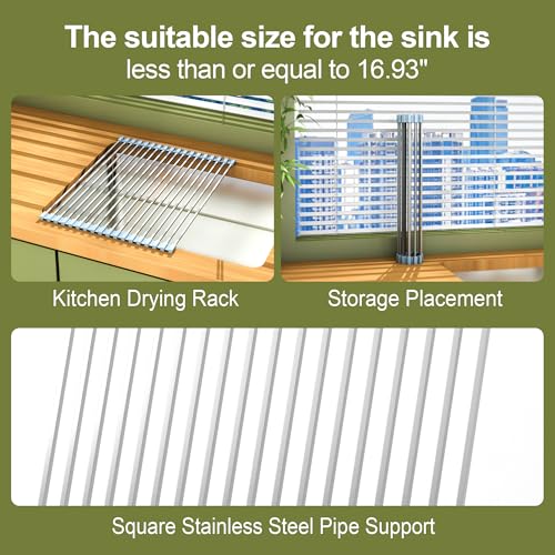 TlaroRiz 16.93 ×12.91 Inch Sink Drying Rack Roll Up, Silicone Wrapped 304 Square Stainless Steel Over the Sink Dish Drying Rack Counter Kitchen Home RV Essentials Foldable Sink Organizer,Grey