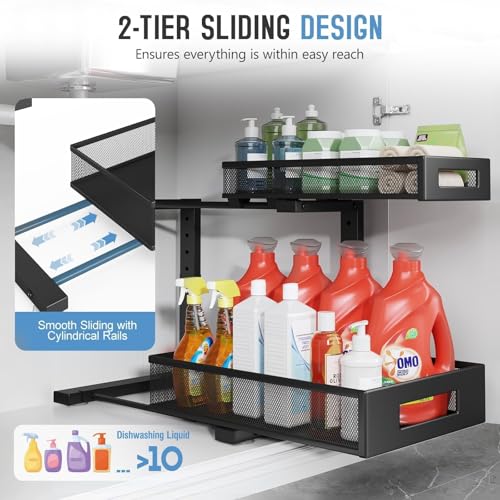 2-Pack Under Sink Storage Organizer, Large 2-Tier Elegant Mesh Pull Out Shelf for Kitchen and Bathroom Cabinet Organization, L-Shaped and Adjustable Height Design,Patent Pending-Black