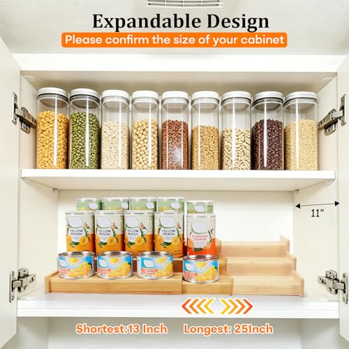 Evernewly Expandable Can Rack Organizer for Pantry, 3 Tier Bamboo Adjustable Can Storage Holder, Soda Organizer Holds Up to 24 Cans, Canned goods Storage Display Shelf for Kitchen,Countertop, Cabinet