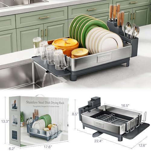SNTD 304 Stainless Steel Dish Drying Rack for Small Kitchen Counter, Grey