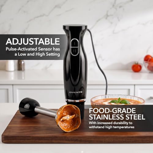 OVENTE Electric Corded Hand Blender, 300W with 2 Mixing Speeds Black HS560B