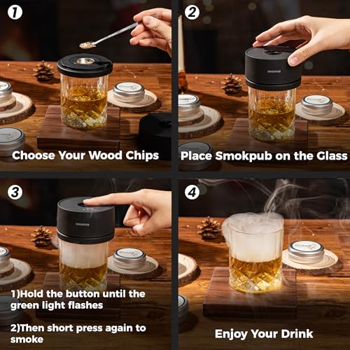 Electric Whiskey Smoker Kit, Rechargeable Cocktail Smoker with 6 Wood Chips, Flameless Heating System, Old Fashioned Drink Smoker Kit, Bourbon Whiskey Gifts for Men,Dad,Husband