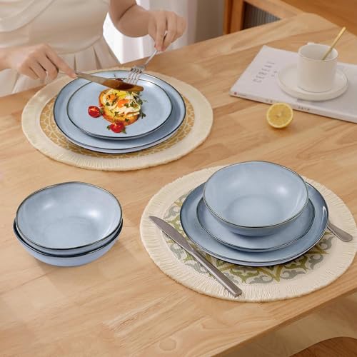 Herogo 24 Piece Dinnerware Dishes Sets for 8, Stoneware Plates and Bowls Dinner Set, Irregular Handmade Dishware Tableware for Home Kitchen, Microwave & Dishwasher Safe, Smoky Blue