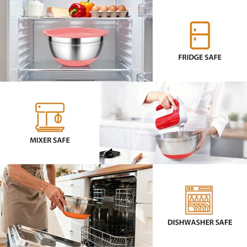 CHAREADA Mixing Bowls with Airtight Lids, 18pcs Stainless Steel Nesting Mixing Bowls Set Non-slip Silicone Bottom, Size 4.5, 3.6, 2.7, 2.1, 1.7, 1.1, 0.7 qt, Fit for Mixing & Serving(Colorful)