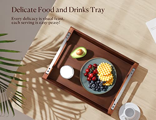 Dofira Acacia Wood Serving Tray with Metal Handles, 17x13in Food Drinks Tray for Coffee Table, Breakfast, Dinner & Bar, Rustic Decorative Storage Tray for Ottoman, Kitchen, Elegent Gift for Father