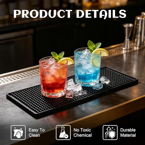 XieNie Bar Mat, 6" x 12" Black Small Coffee Mat for Home Bar Kitchen Countertop, Non-Slip Service Spill Mat for Cocktail Bartender Accessories, PVC Counter Top Cup Glasses Drying Mats, 1Pac