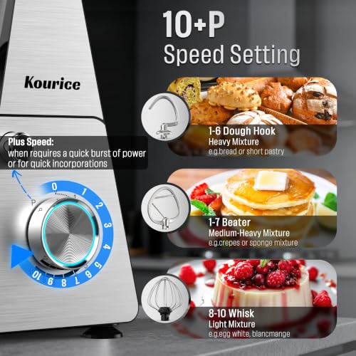 Kourice 6.5QT Tilt-Head Stand Mixer, Heavy Duty Pro 10-Speed Electric Mixer, Stainless Steel Cladding & Bowl with Dough Hook, Wire Whisk and Flat Beater for Home Baking, Bread, Cake, Pizza Dough