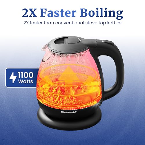 Elite Gourmet EKT1001 Electric 1.0L BPA-Free 1100W Glass Kettle Cordless 360° Base, Stylish Blue LED Interior, Handy Auto Shut-Off Function – Quickly Boil Water For Tea & More, Black