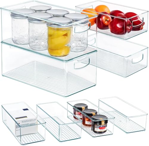 Hudgan 8 PACK Stackable Pantry Organizer Bins (3 Size) - Clear Fridge Organizer for Kitchen, Freezer, Refrigerator, Cabinet - Plastic Storage Container with Handle for Home