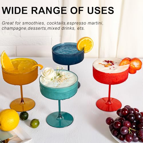 Ciaell 12PCS Plastic Ribbed Martini Glasses - 10 Oz Colored Disposable Coupe Glasses with Stem - Heavy Duty Margarita Cups for Bars, Cocktails, Whiskey, Parties & Wedding