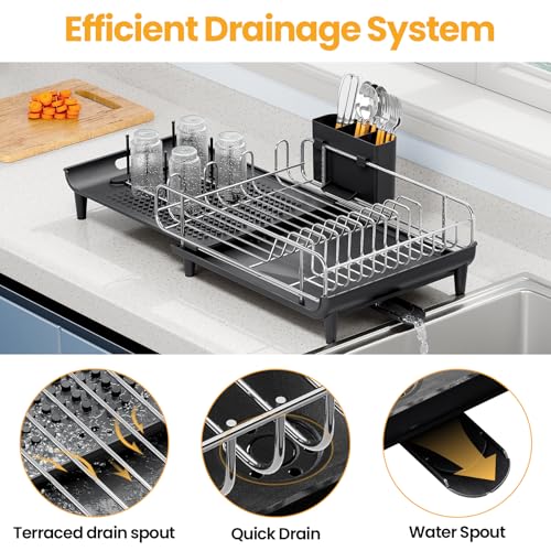 TOOLF Expandable Dish Rack, Dish Drying Rack for Kitchen Counter, Foldable Dish Dryer Rack, Stainless Steel Dish Drainer Racks with Cutlery Holder, Collapsible Dish Drying Racks Large Size,Black