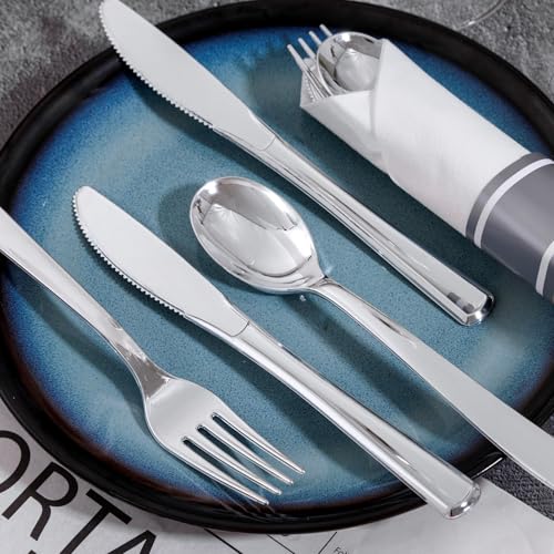 Joyido 400PCS Pre Rolled Silver Plastic Silverware Sets - Heavy Duty Silver Cutlery - Include 100 Pack Wrapped Disposable Utensils with Napkins for Parties & Dinners & Weddings